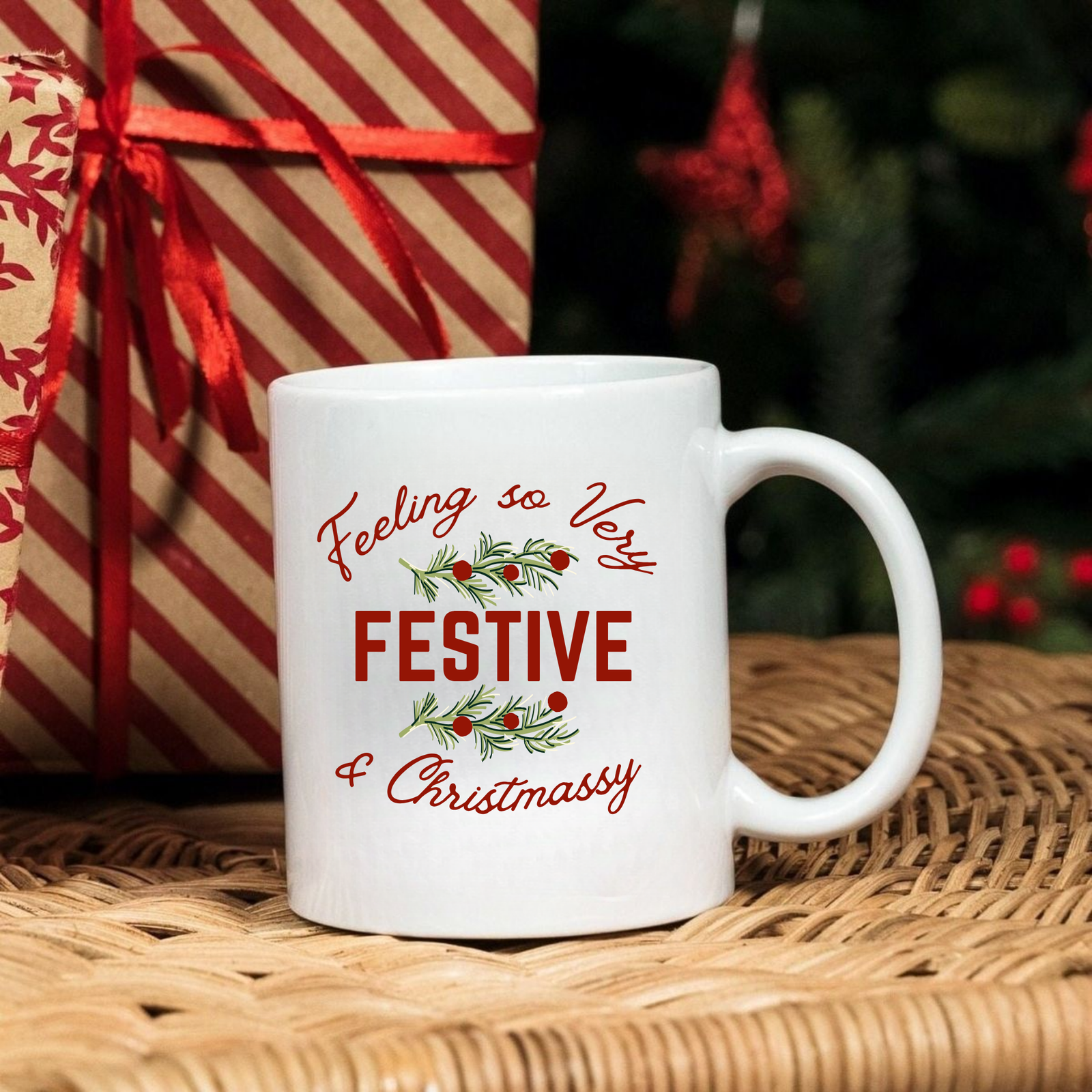 Colorful ceramic Christmas mug perfect for coffee, tea, or hot cocoa