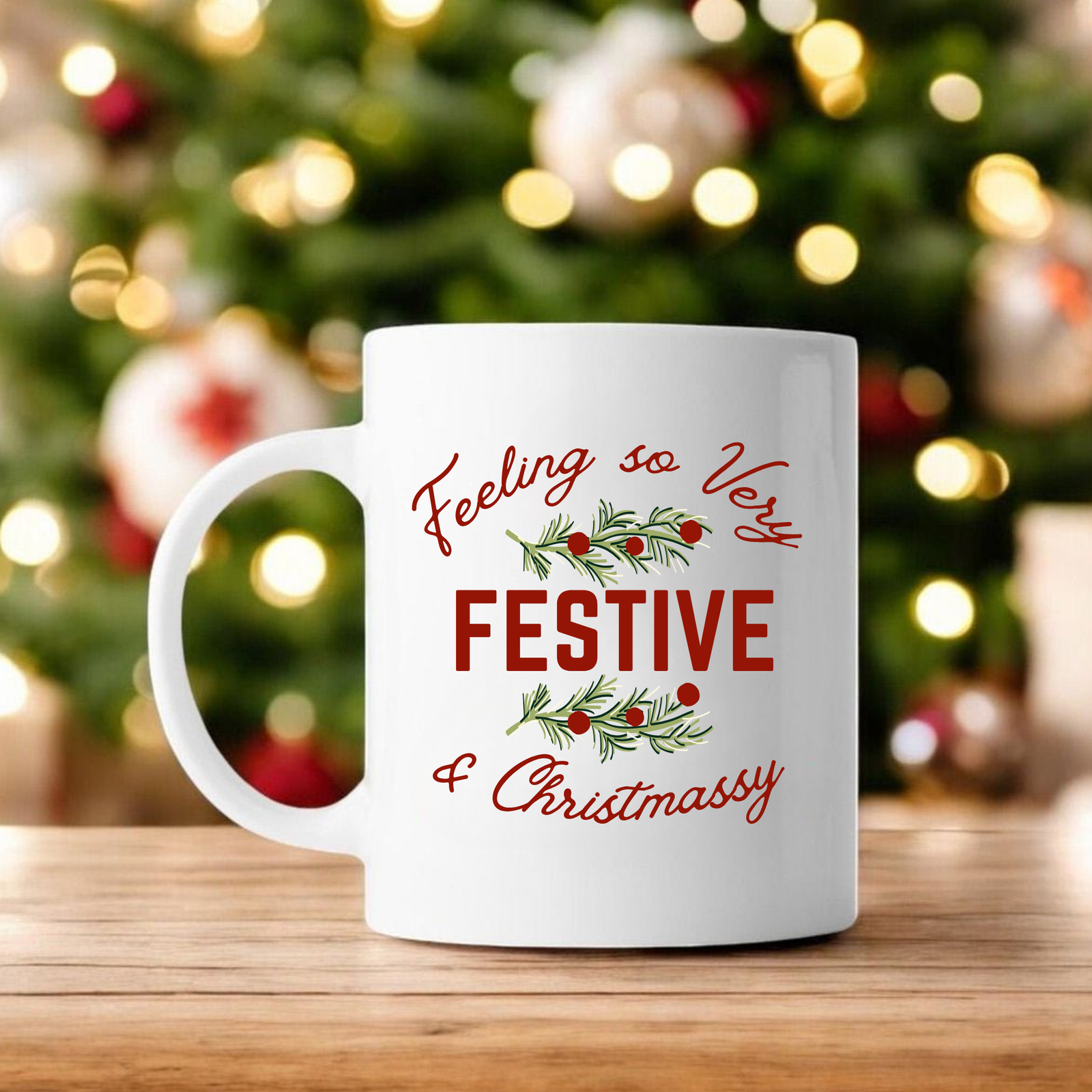 Festive holiday mug with candy canes, ornaments, and joyful patterns