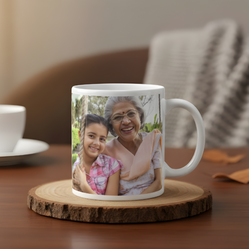 Personalized Family Celebration Photo Mug with colorful design and happy family pictures