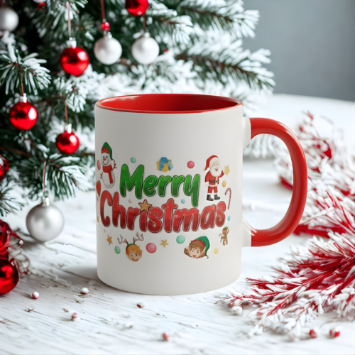 Personalized Christmas Red Handle Merry Mug with Santa Design