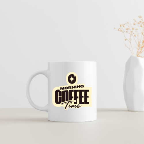 Good Morning coffee mug with a warm sunrise design, perfect for enjoying tea or coffee.
